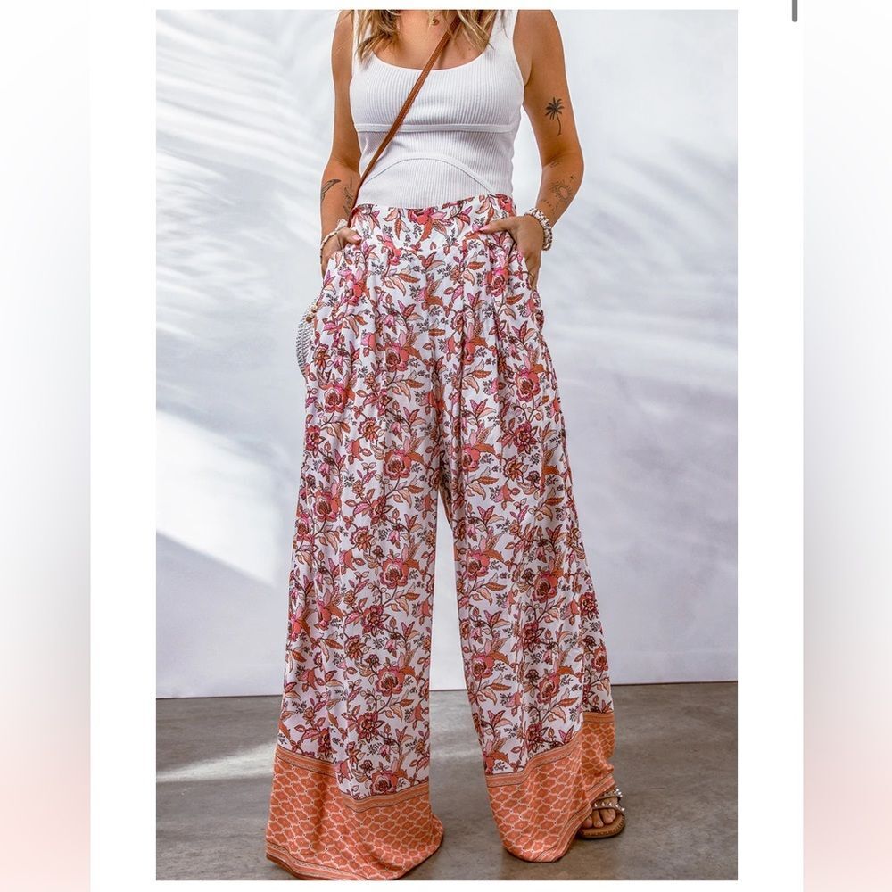 NWT Wide-Leg Pull-on Elastic Waist Flowy Boho Pants Pockets Orange Pink Floral S - Picture 16 of 16